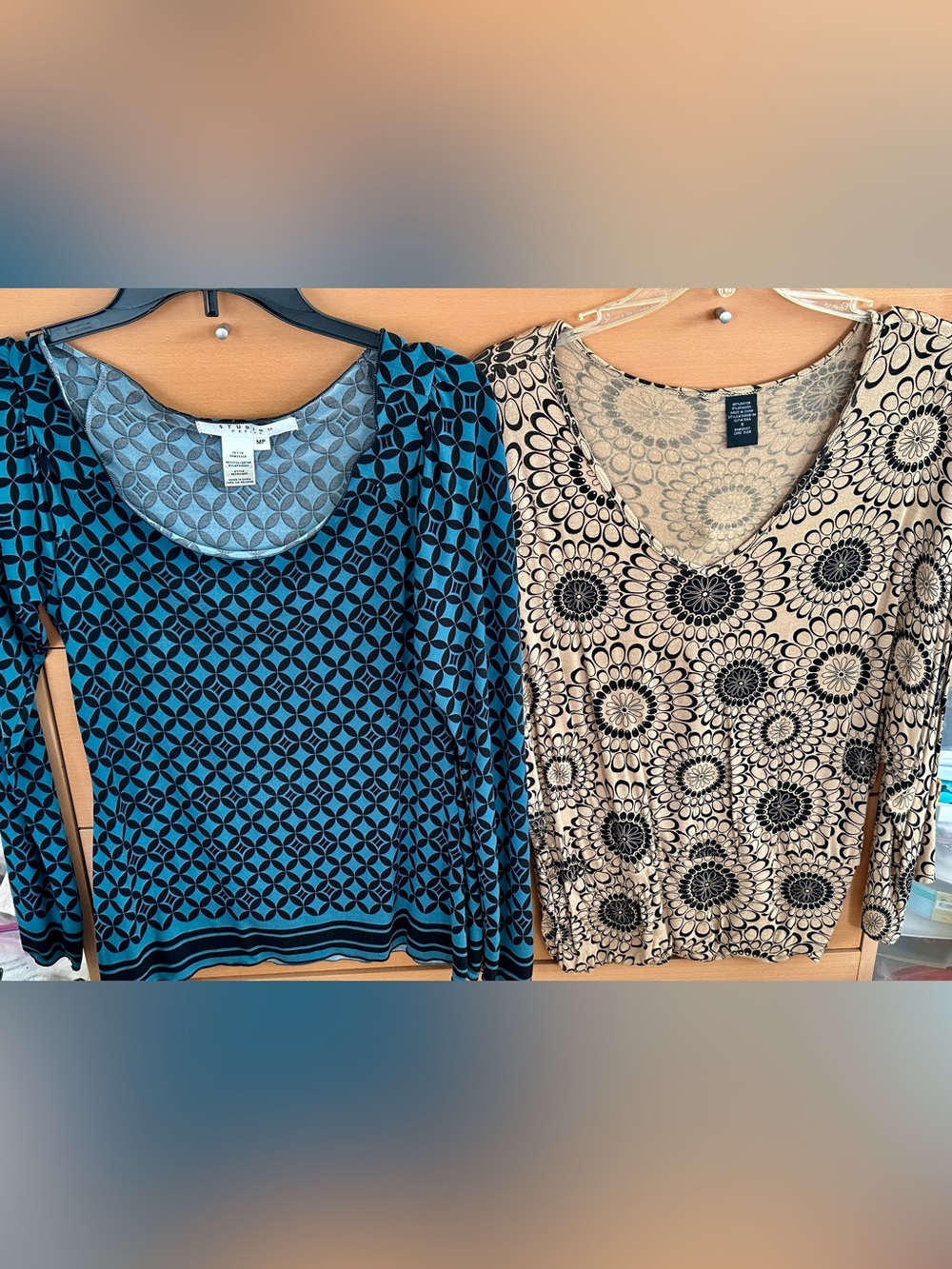 Studio M Teal and Beige Patterned Long-Sleeve Tops - Duo 2/$18